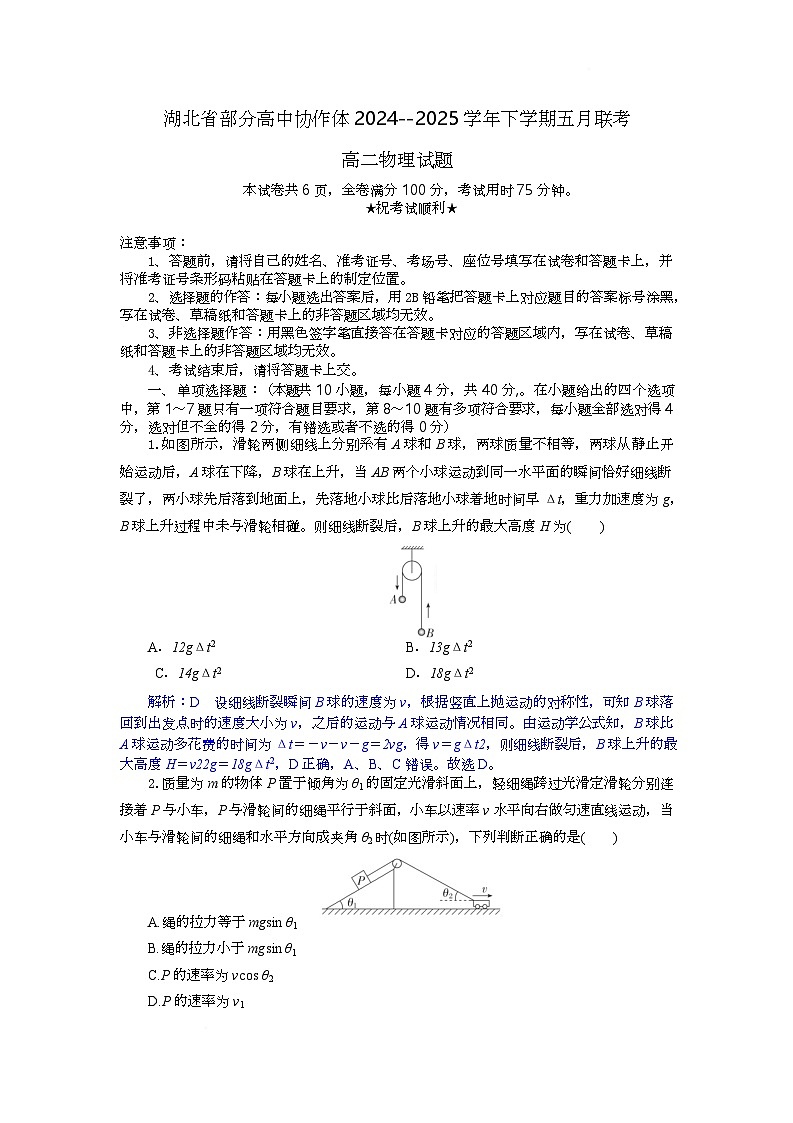 湖北省部分高中协作体联考2024-2025学年高二下学期5月月考物理试卷 含解析第1页