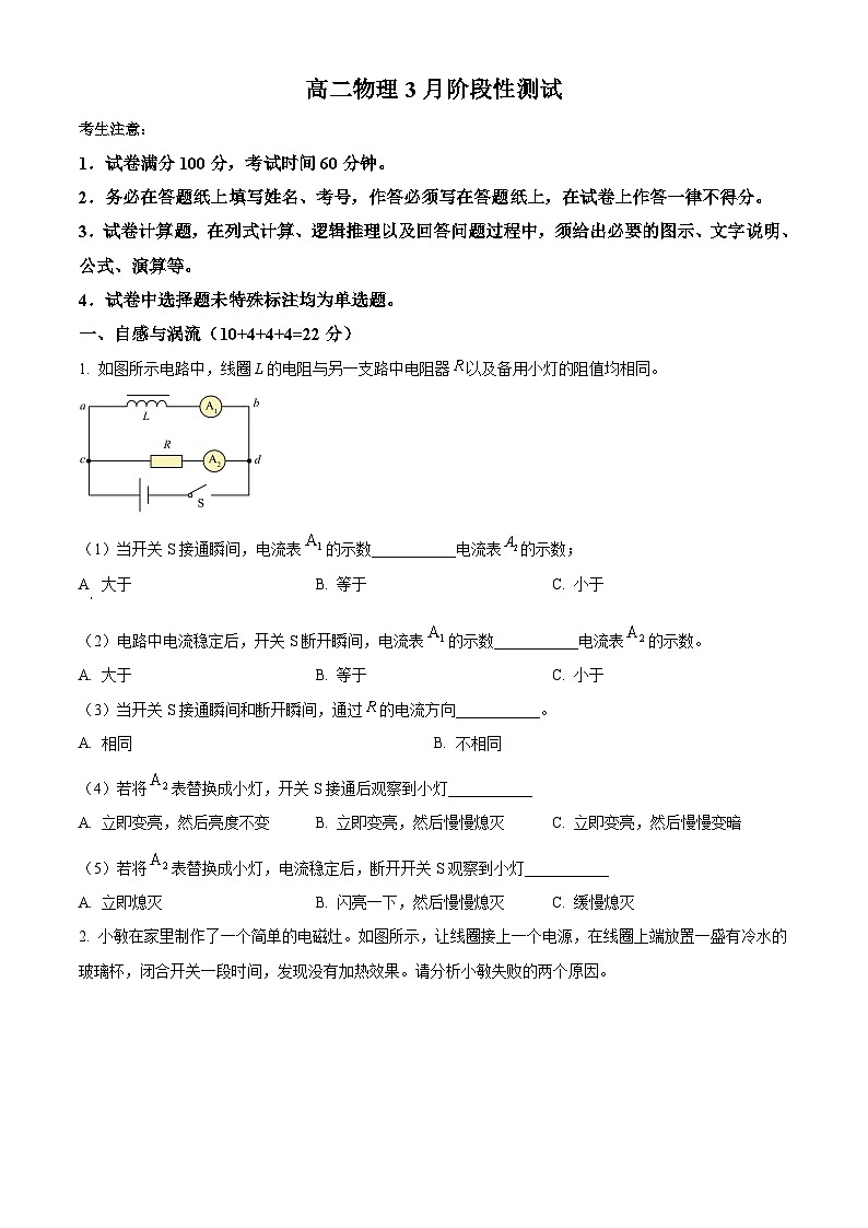 上海市第二中学2024-2025学年高二下学期3月考试物理试题（原卷版+解析版）第1页