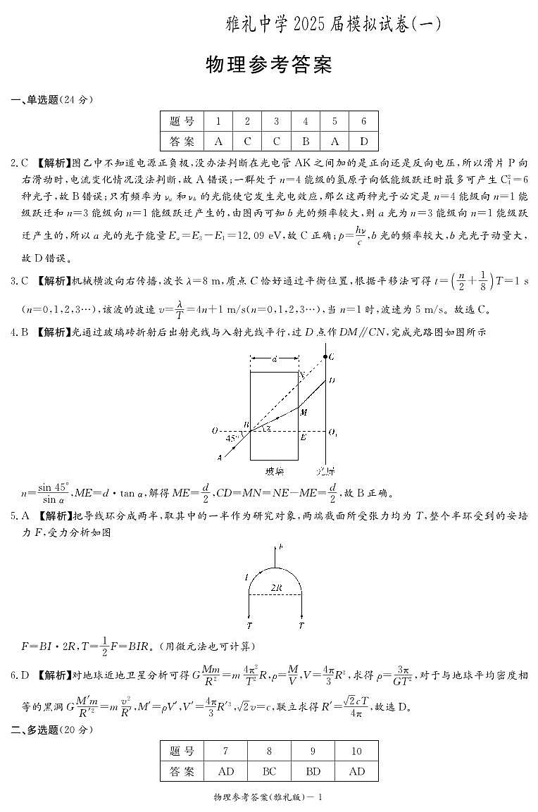 雅礼中学2025届高考一模物理试卷答案第1页