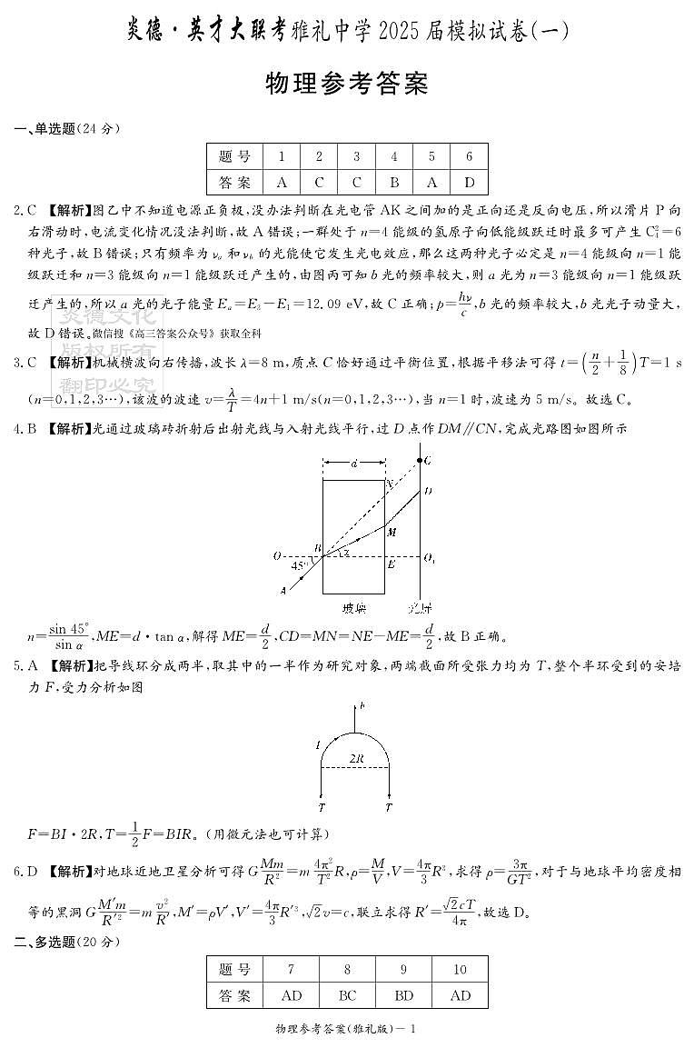 炎德·英才大联考雅礼中学 2025 届模拟试卷（一）物理答案第1页