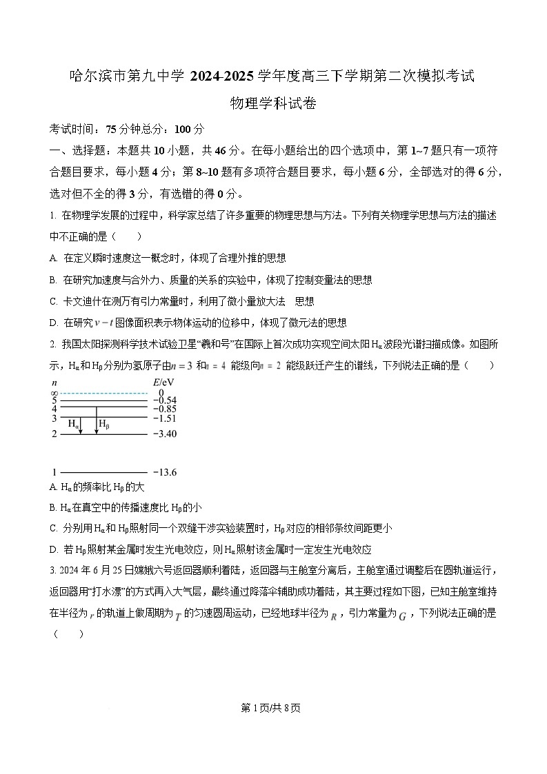 黑龙江省哈尔滨市第九中学2024-2025学年高三下学期第二次模拟检测物理试题（原卷版）第1页