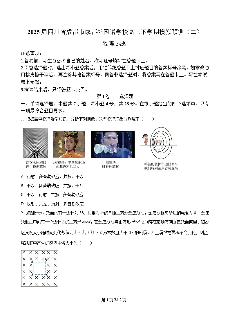 2025届四川省成都市成都外国语学校高三下学期模拟预测（二）物理试题（原卷版）第1页