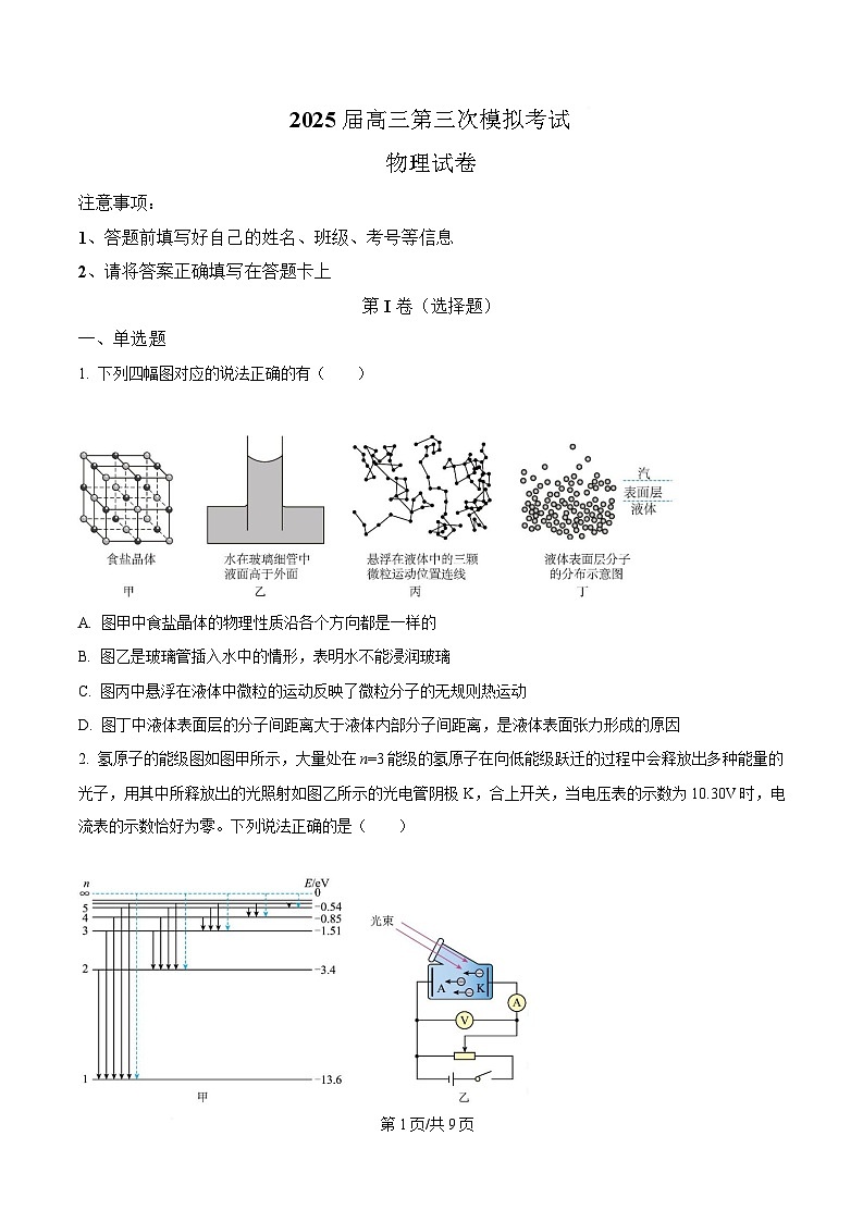2025届四川省仁寿第一中学校（北校区）高三下学期三模物理试题（原卷版）第1页