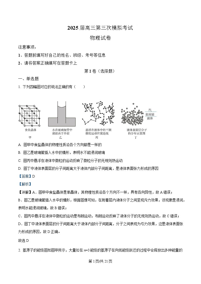 2025届四川省仁寿第一中学校（北校区）高三下学期三模物理试题 Word版含解析第1页
