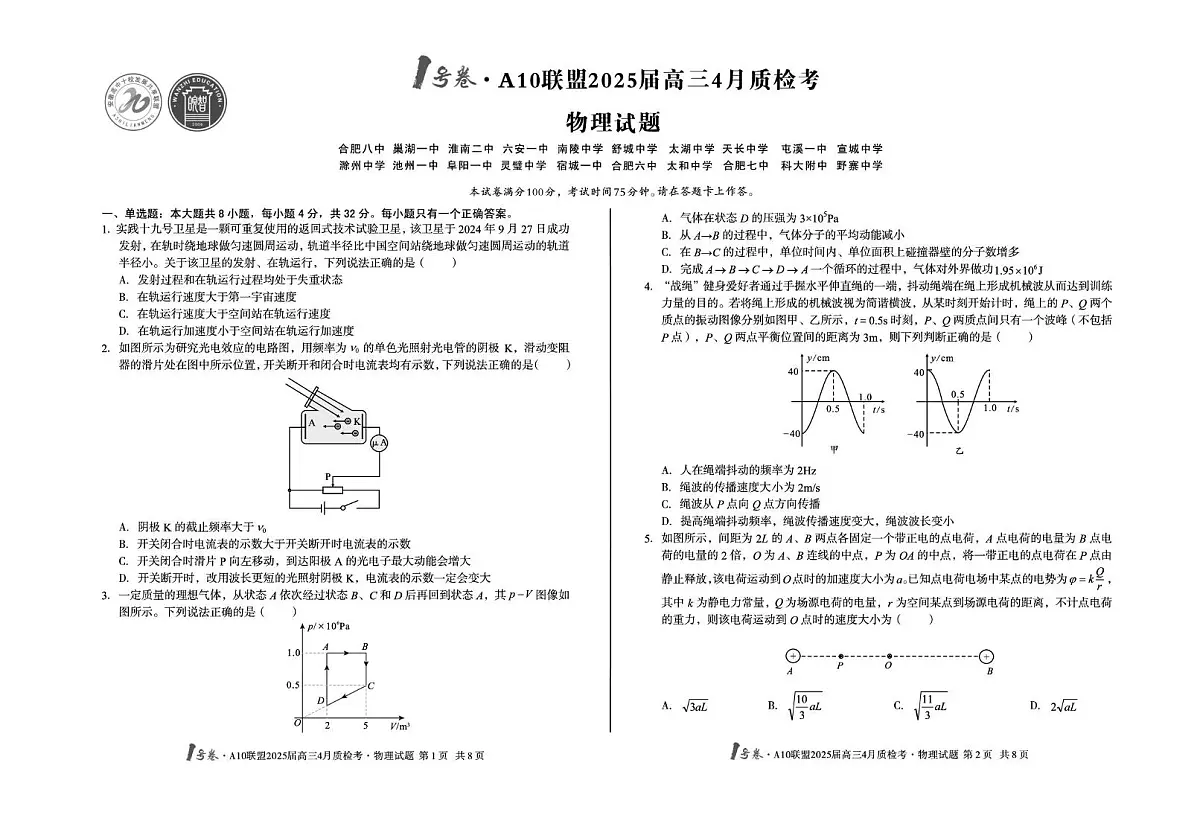 2025届安徽省A10联盟高三下学期模拟预测物理试题（高考模拟）第1页