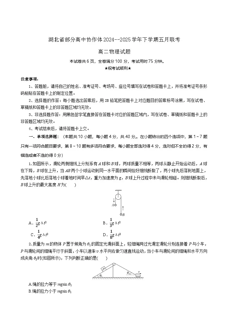 物理-湖北省部分高中协作体联考2024-2025学年高二下学期5月月考试题及答案第1页