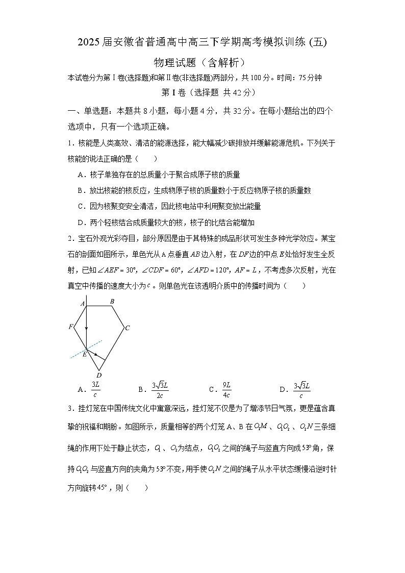 2025届安徽省普通高中高三下学期高考模拟训练(五) 物理试题（含解析）第1页