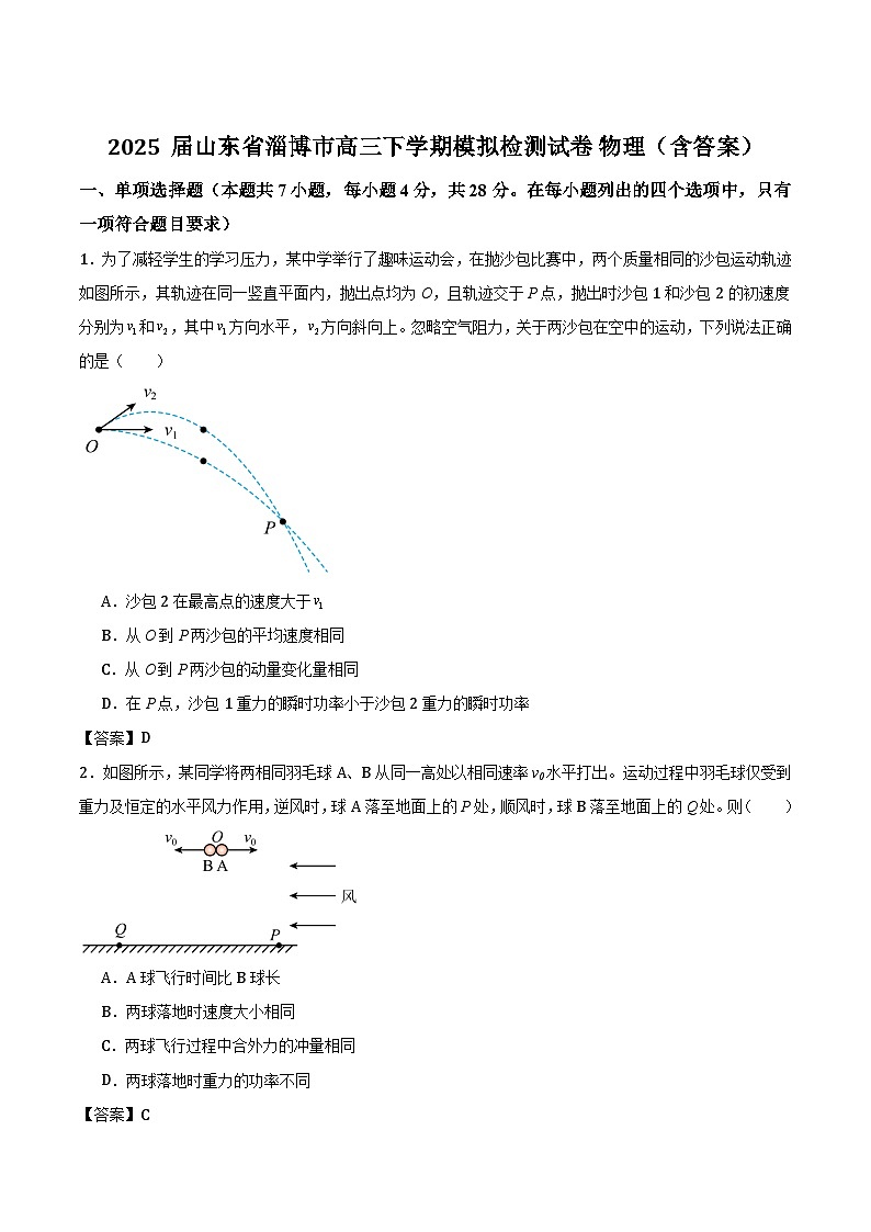 2025届山东省淄博市高三下学期模拟检测试卷 物理（含答案）第1页