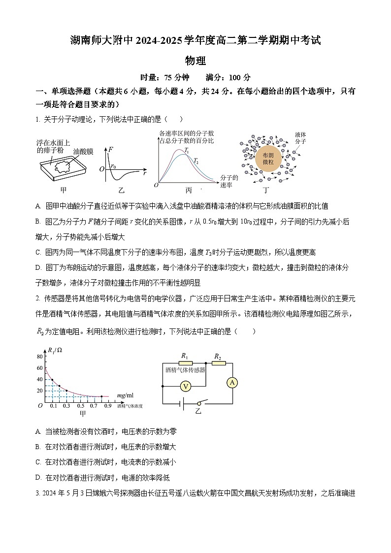 湖南省长沙市湖南师大附中2024-2025学年高二下学期期中考试物理试题 （原卷版）第1页
