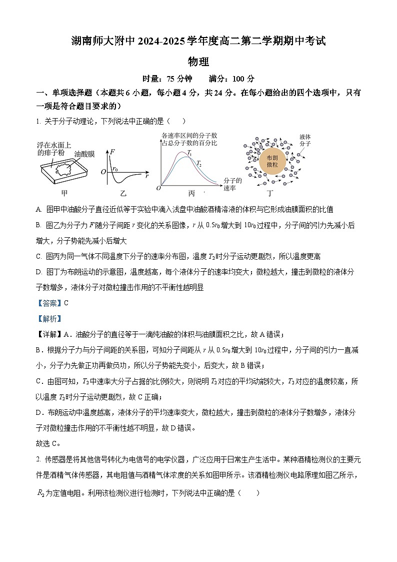 湖南省长沙市湖南师大附中2024-2025学年高二下学期期中考试物理试题  Word版含解析第1页