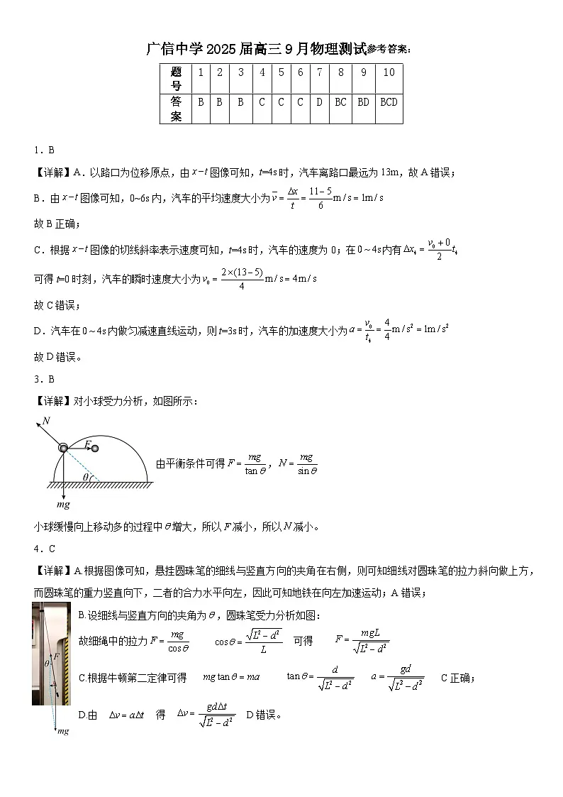 广东省广信中学2024-2025学年高三9月月考物理答案第1页