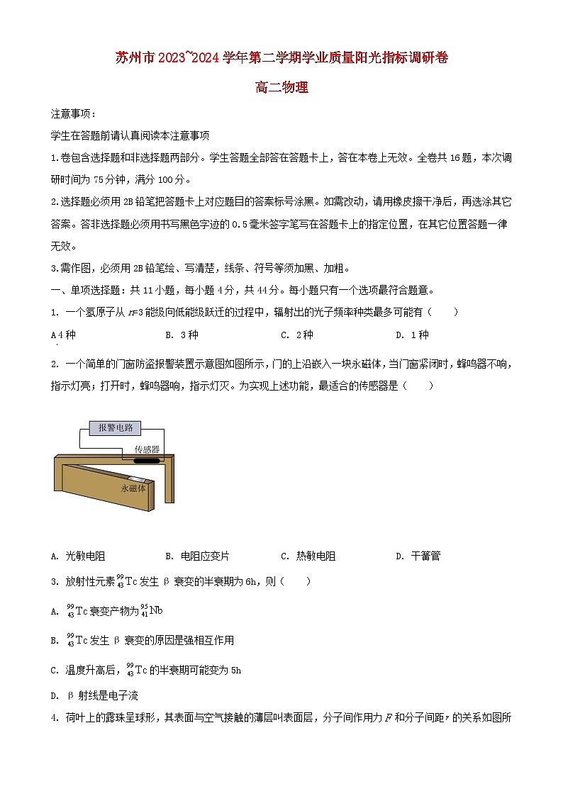 江苏省苏州市2023_2024学年高二物理下学期6月期末考试含解析第1页