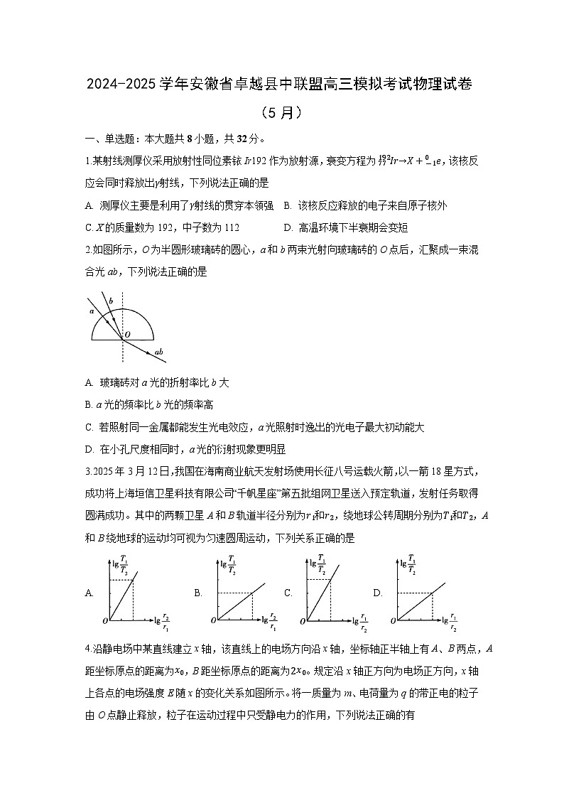 2025届安徽卓越县中联盟高三下学期5月份检测物理试题（解析版）第1页