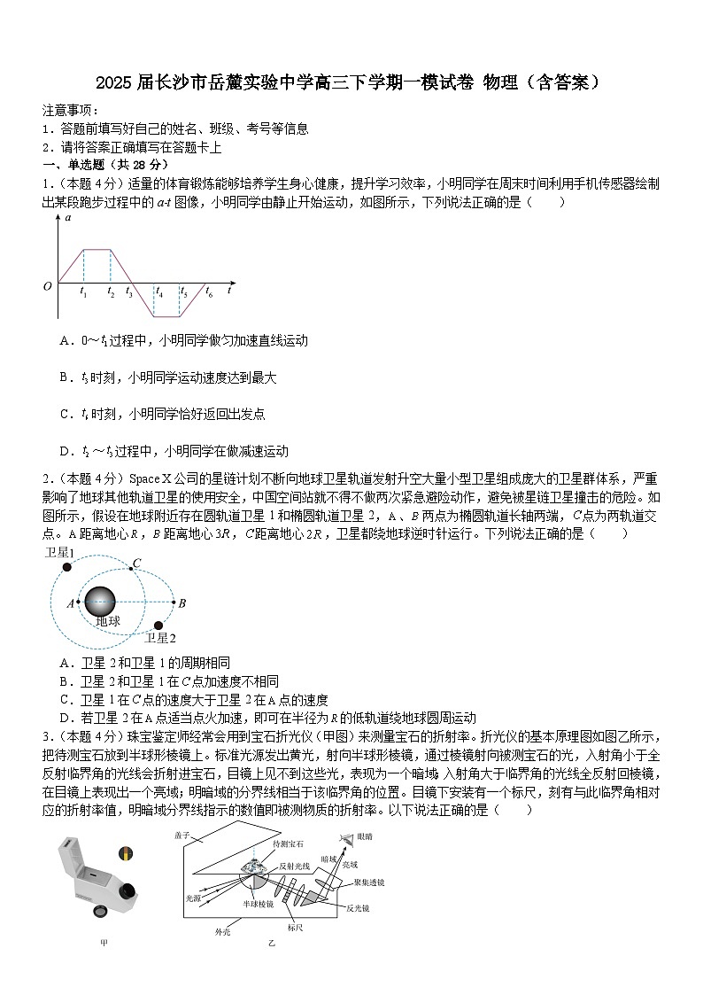2025届长沙市岳麓实验中学高三下学期一模试卷 物理（含答案）第1页