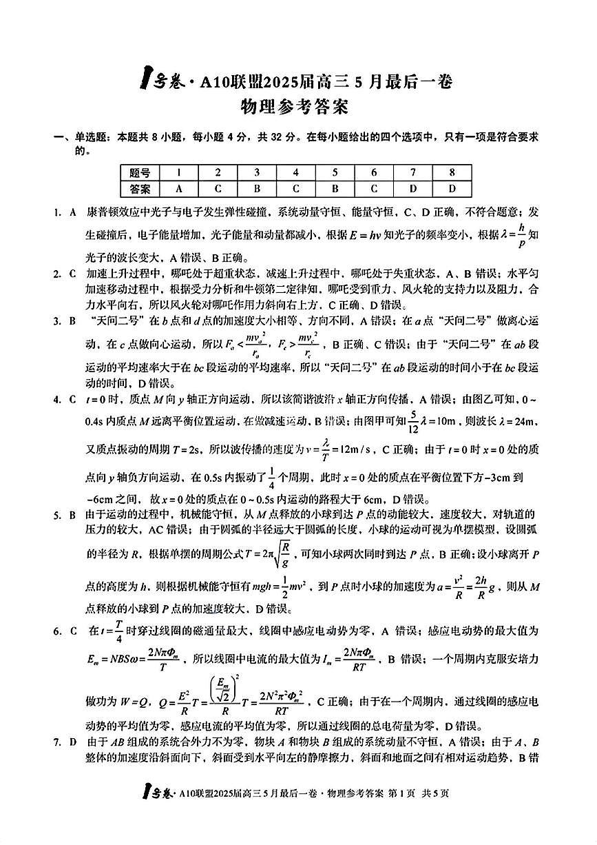 1号卷·A10联盟2025届高三5月最后一卷物理答案第1页