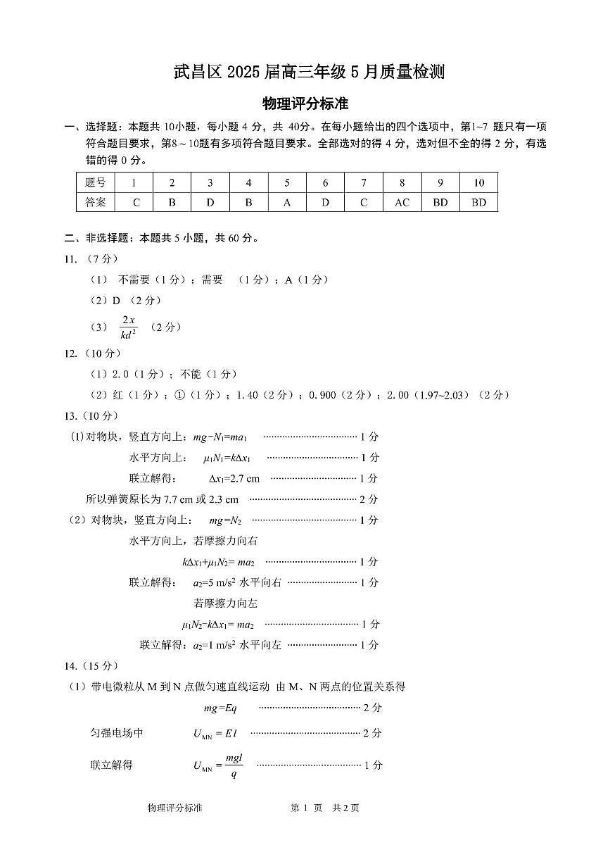 物理 武昌区2025届高三5月质量检测评分标准第1页
