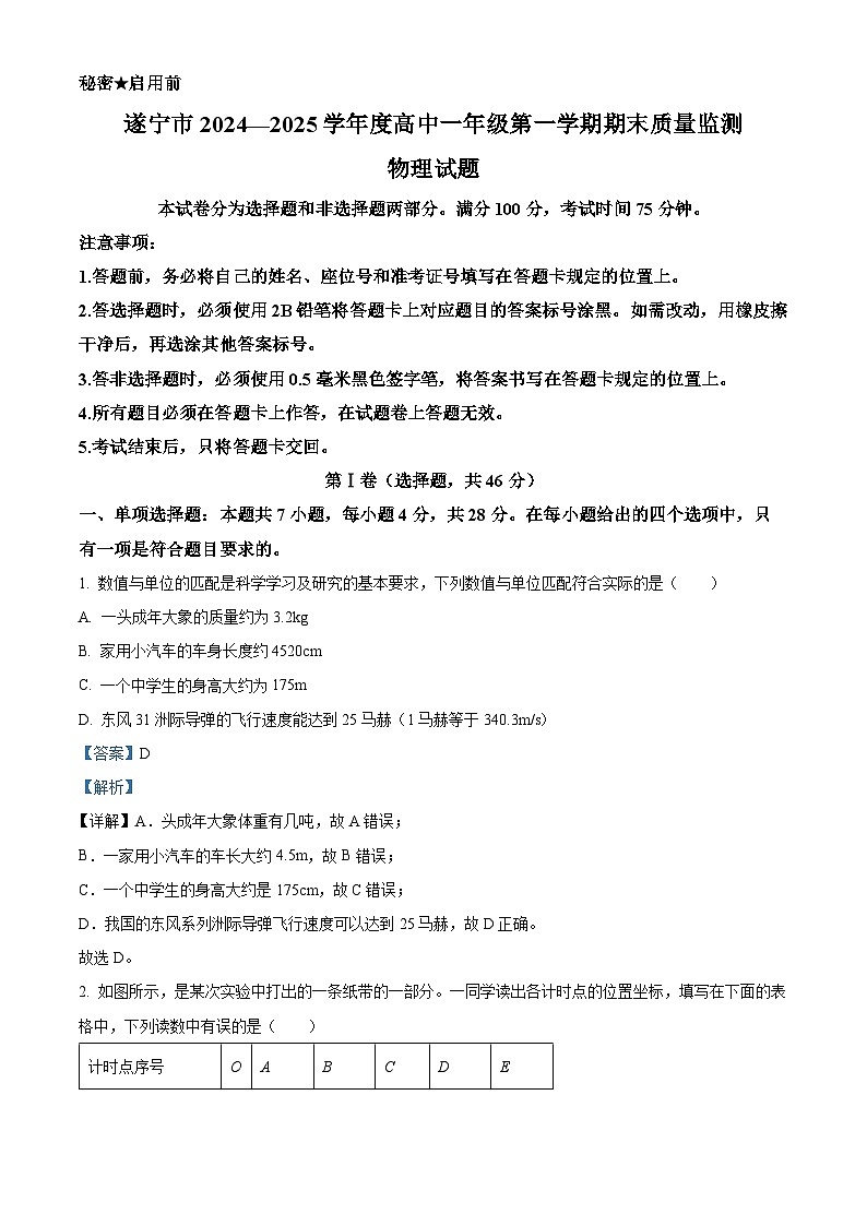 四川省遂宁市2024-2025学年高一上学期期末考试 物理 含解析第1页