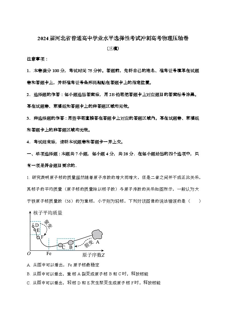 2024届 河北普通高中学业水平选择性考试冲刺高考物理压轴卷(三模)附解析第1页