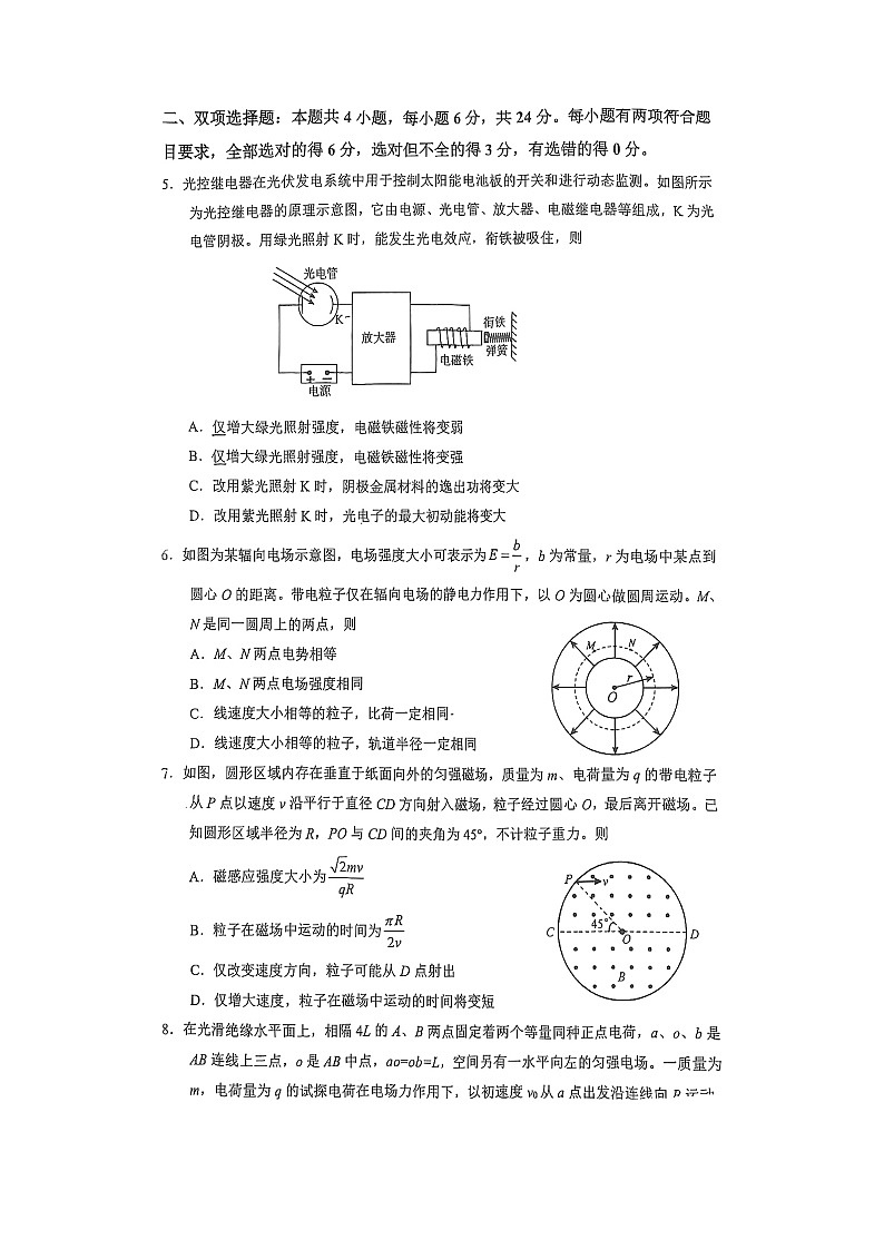 2025届福建省漳州市高三下学期毕业班第四次质量检测物理试卷第2页