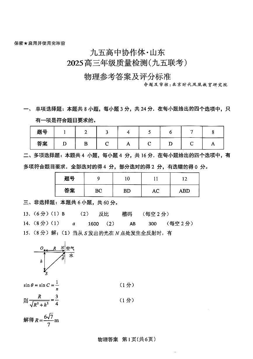 山东省九五高中协作体2025高三年级质量检测（九五联考）物理答案第1页