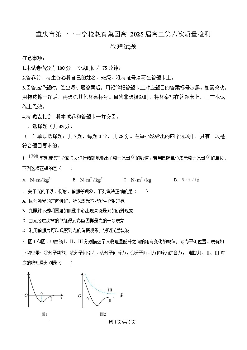 重庆市十一中学2025届高三下学期第六次质量检测物理试卷 （原卷版）第1页