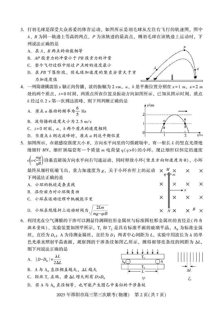 湖南省邵阳市2025届高三下学期5月第三下学期次联考-物理试题+答案第2页