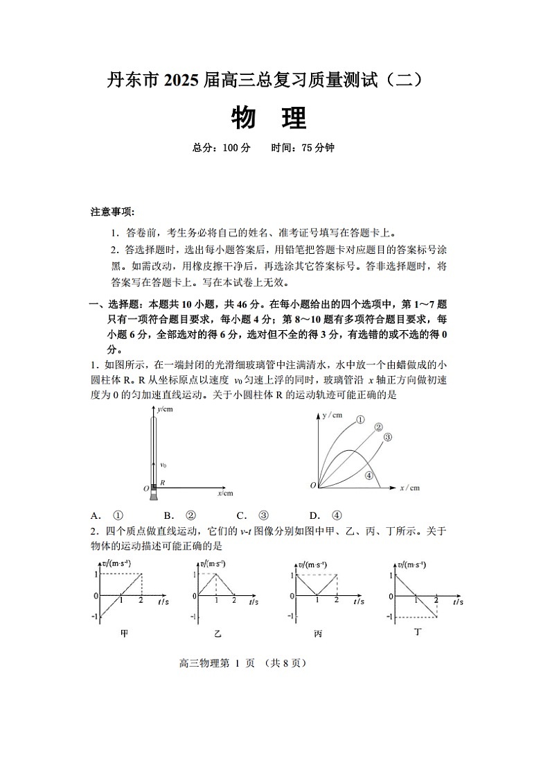 2025届辽宁省丹东市高三下学期总复习质量测试（二）（图片版）物理试卷第1页