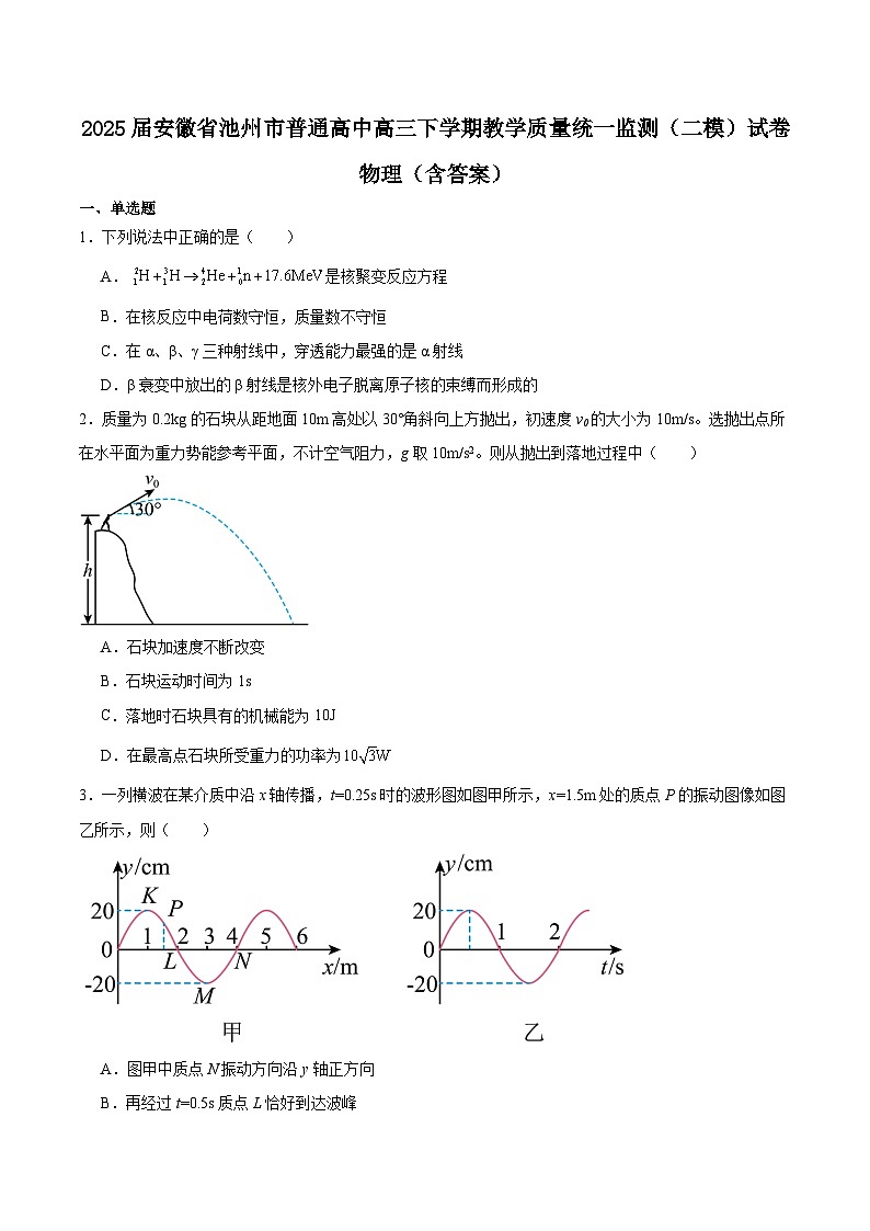 2025届安徽省池州市普通高中高三下学期教学质量统一监测（二模）试卷 物理（含答案）第1页
