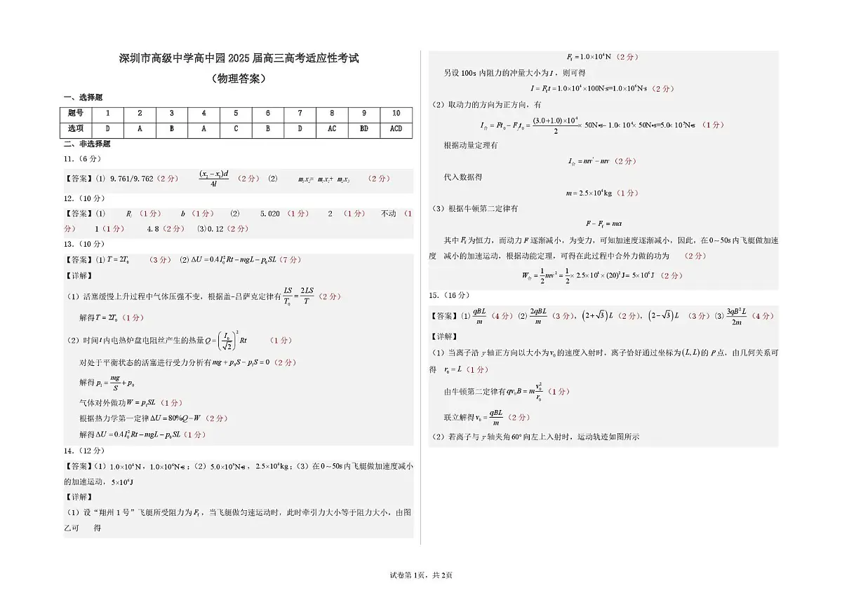 深圳市高级中学高中园2025届高三高考适应性考试（物理）答案第1页