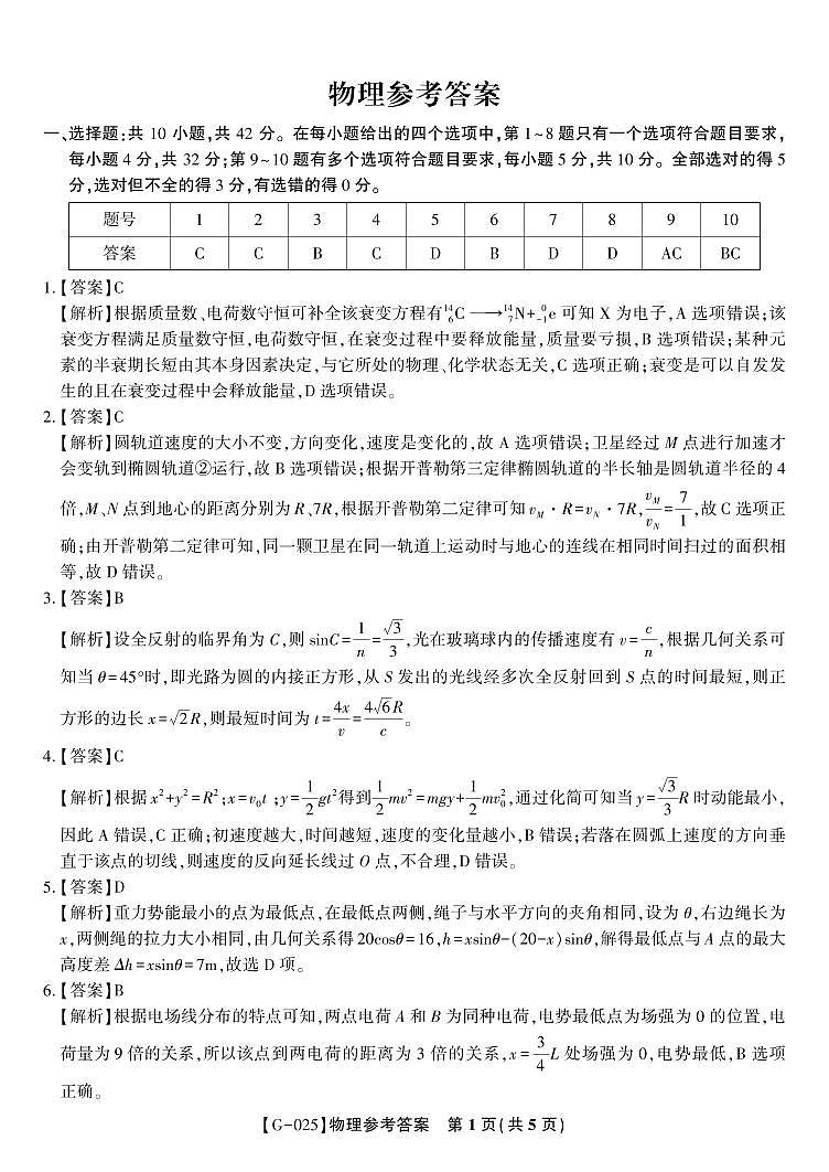 物理答案·2025年高三最后一卷第1页