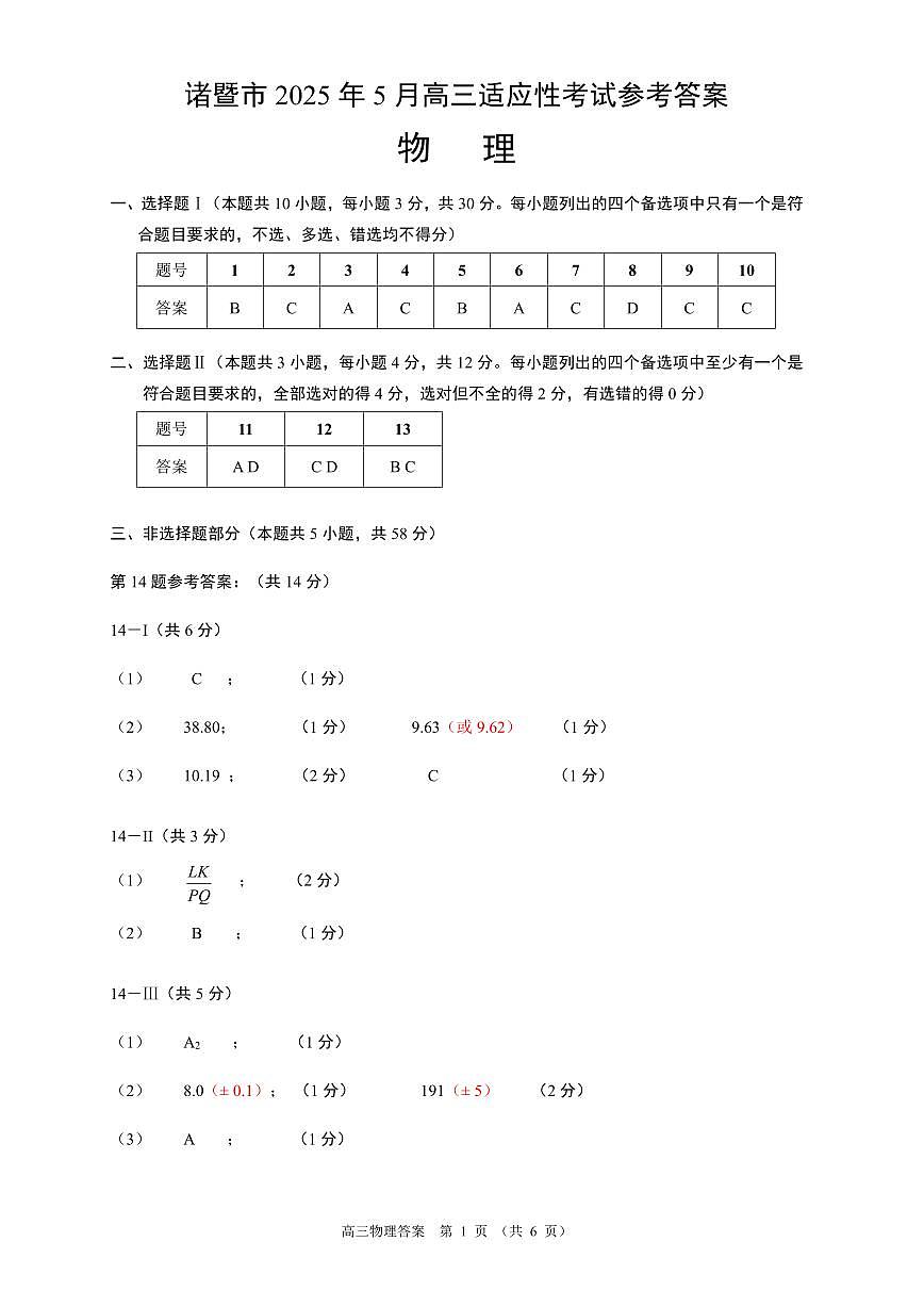 浙江省诸暨市2025年5月高三适应性考试-物理答案第1页