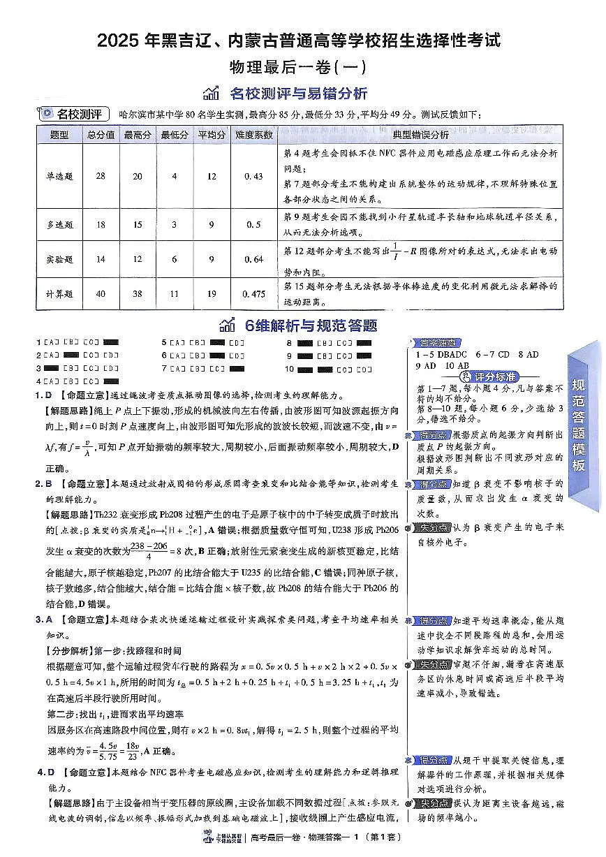 （黑吉辽内蒙古专版）2025年《金考卷·百校联盟·最后一卷》物理答案第1页