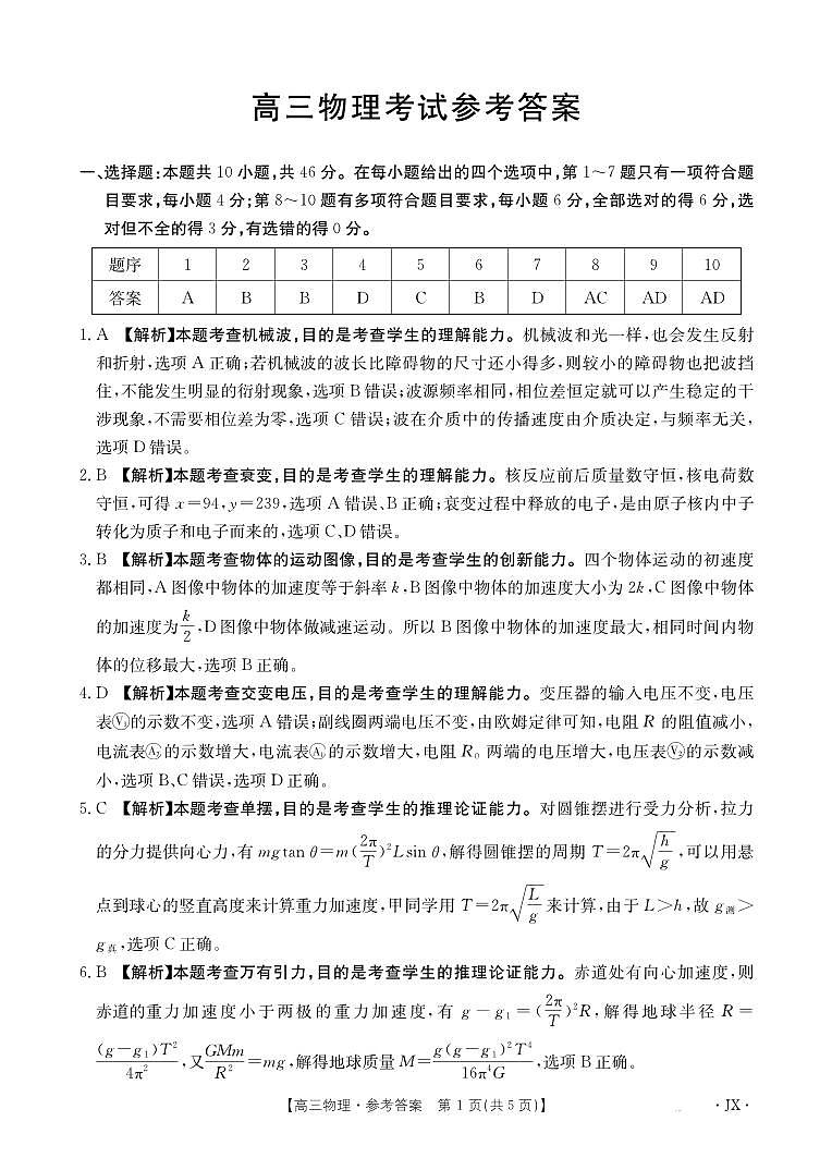 【物理答案】江西省2025届高三下学期5月百万大联考第1页