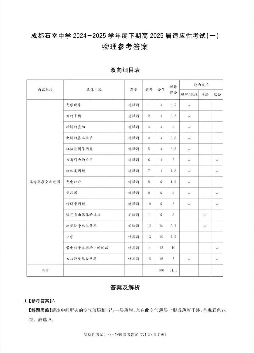 成都石室中学2024-2025学年度下期高2025届适应性考试（一) 物理答案第1页