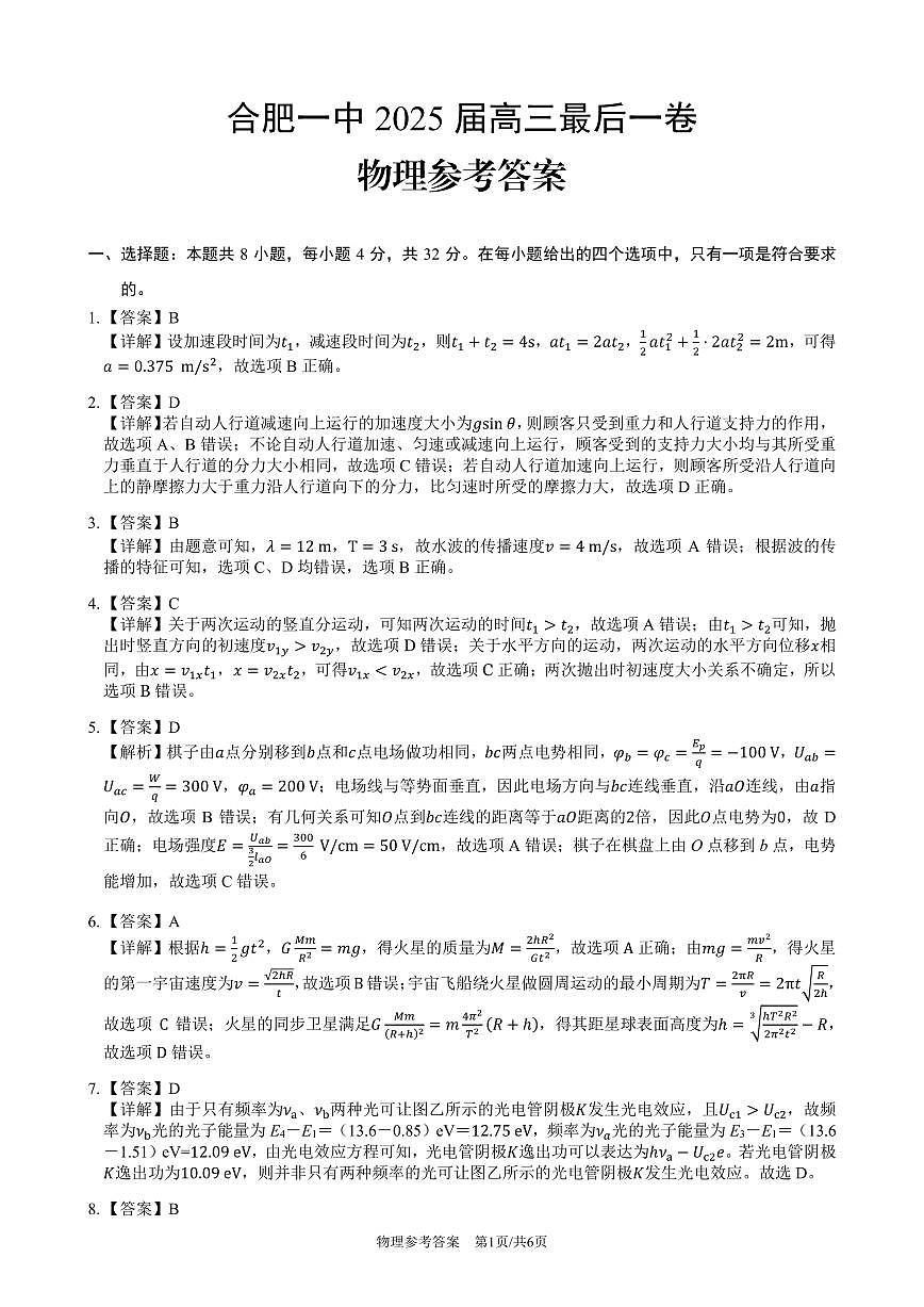 2025届高三最后一卷物理参考答案第1页
