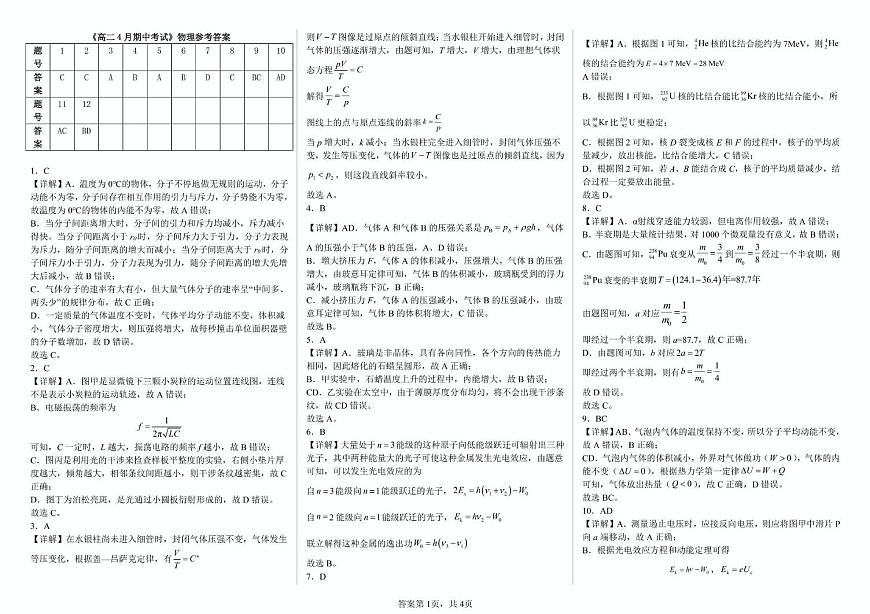 高二年级4月期中考试物理试卷、答案 高二年级4月期中考试物理试卷答案第1页
