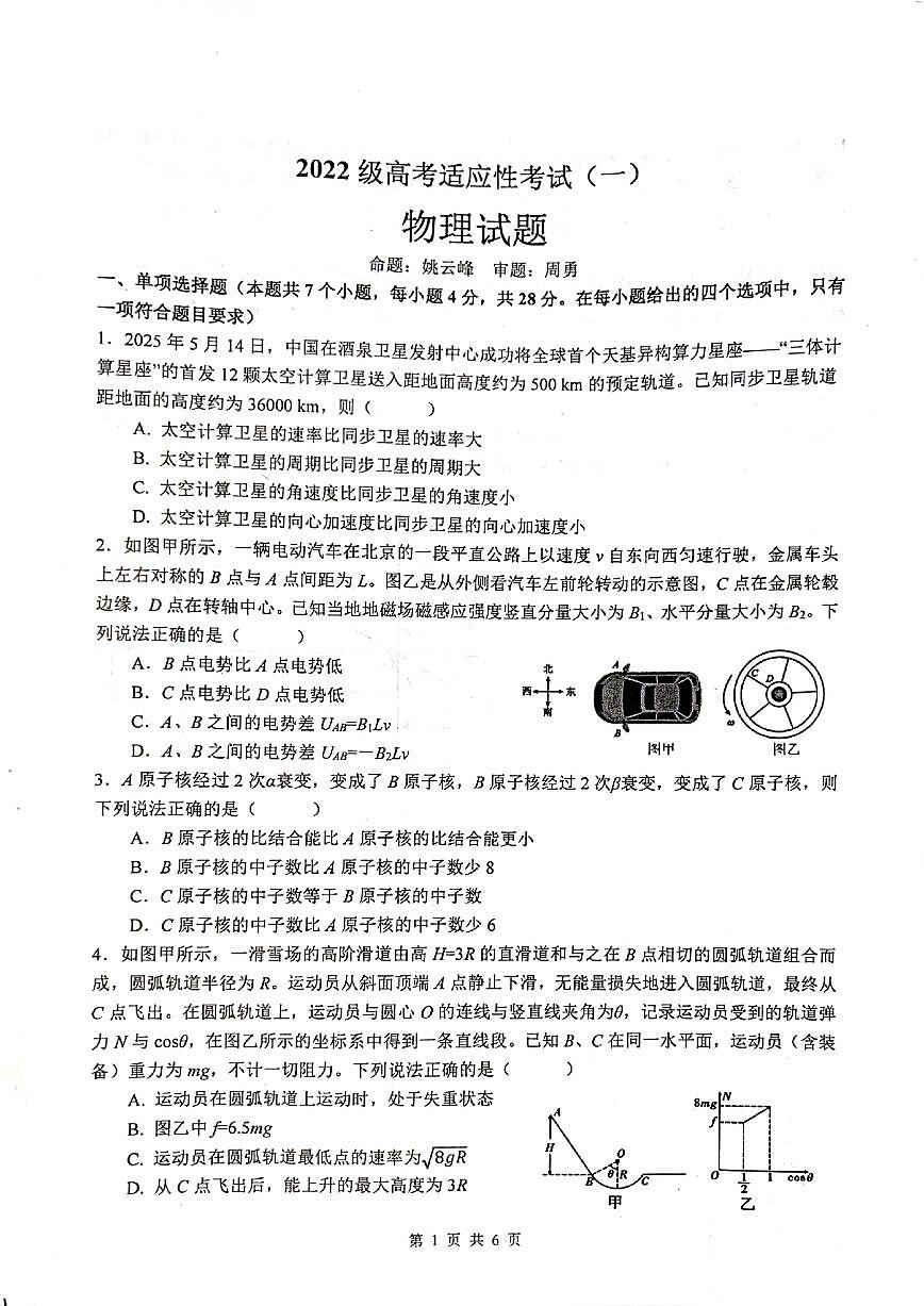 四川省绵阳中学2025届高考适应性模拟考试（一）-物理试卷+答案第1页