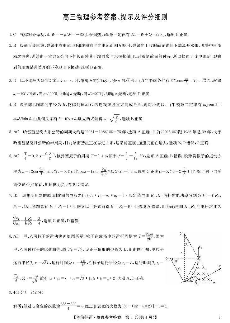福建九师联盟2025届高三下学期5月考前押题物理答案第1页