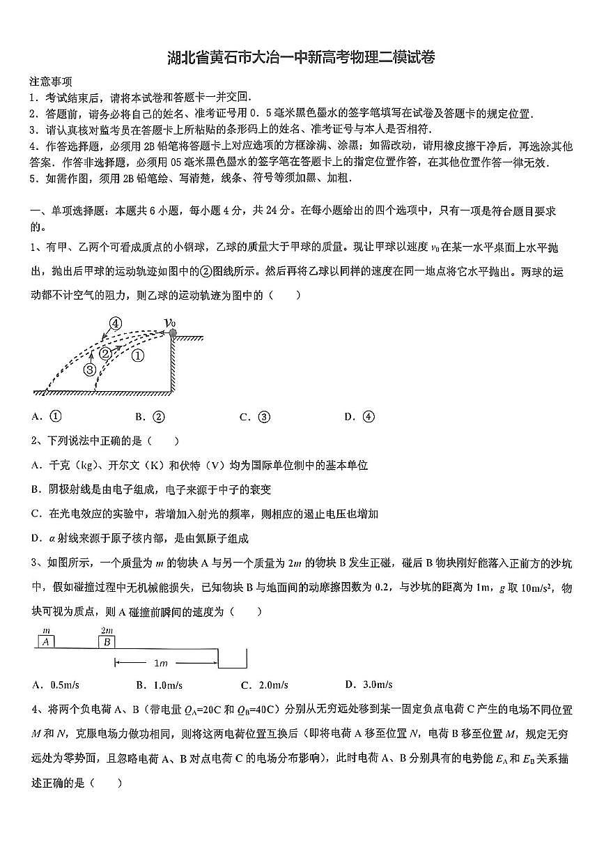 2024届湖北省黄石市大冶市第一中学高三下学期高考二模物理试卷（高考模拟）第1页