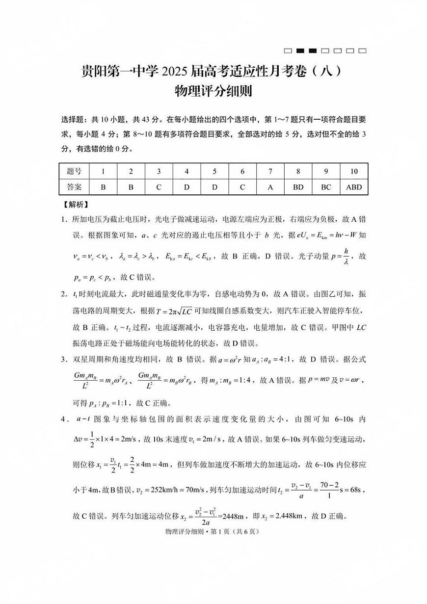 贵州省贵阳第一中学2025届高考适应性月考卷（八）物理答案第1页
