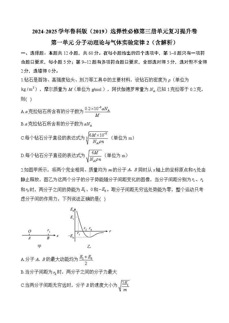 2024-2025学年高中物理鲁科版（2019）选择性必修第三册单元复习提升卷 第一单元 分子动理论与气体实验定律2（含解析）第1页