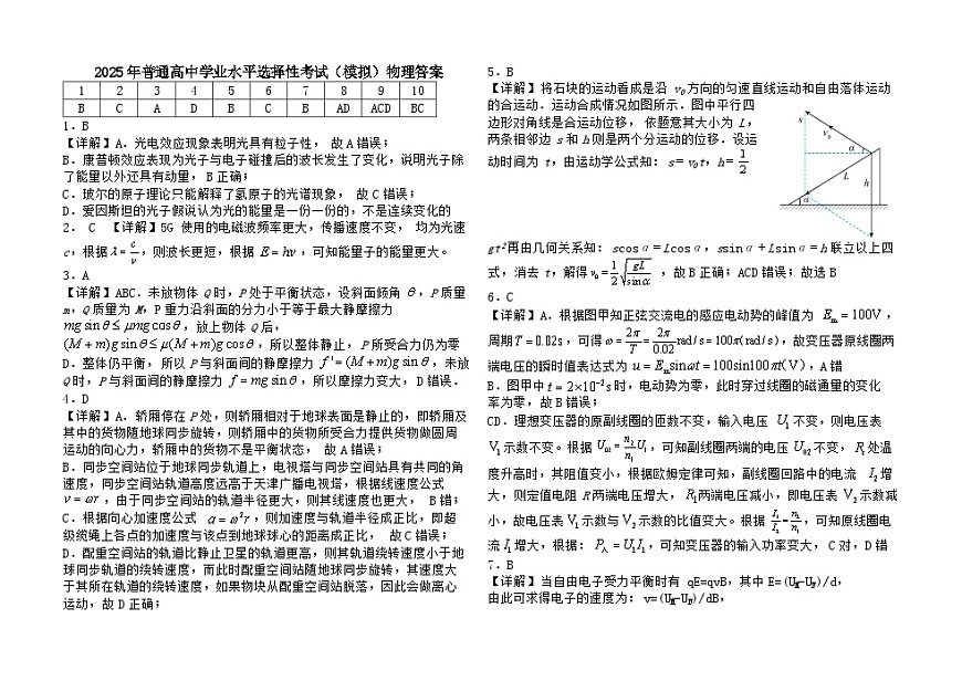 2025年普通高中学业水平选择性考试（模拟）物理答案第1页