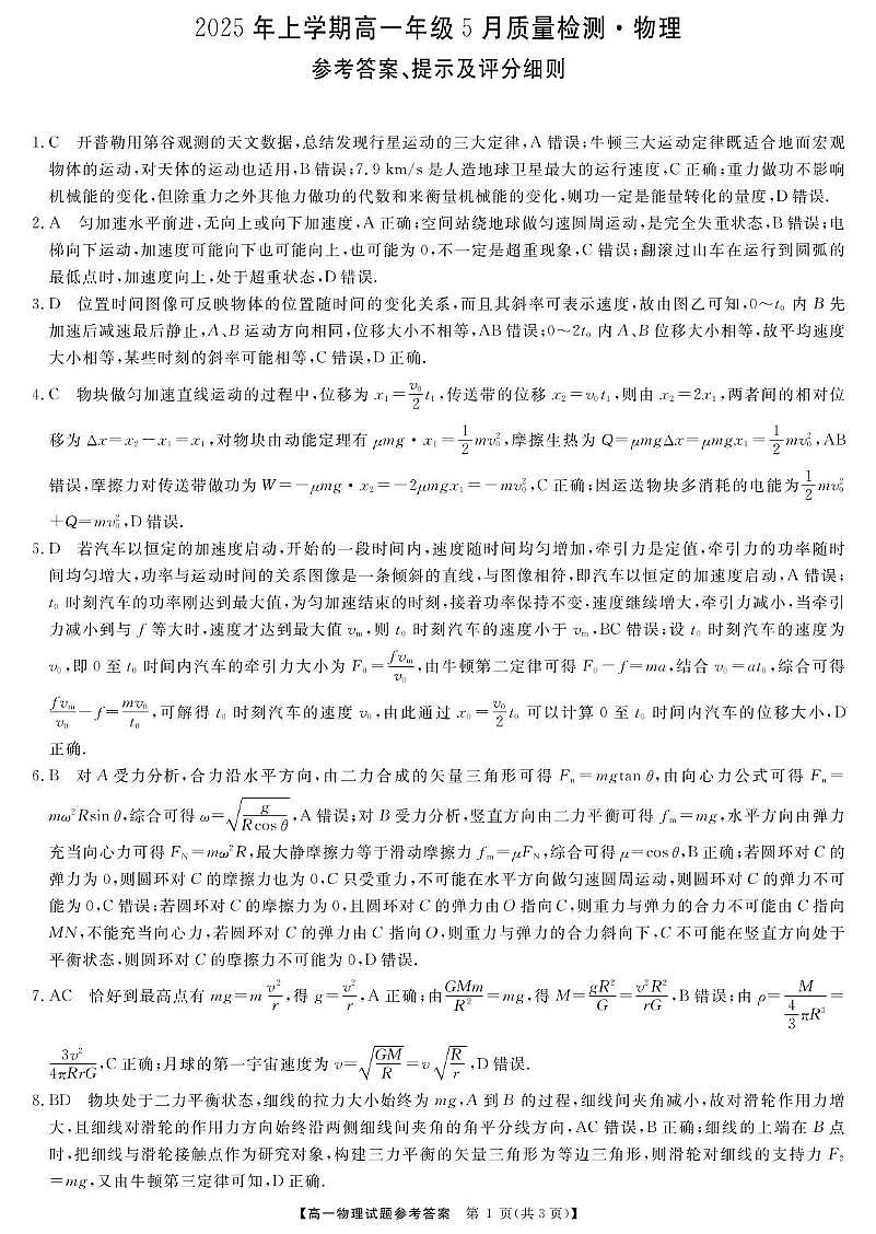 湖南天壹名校联盟2025年高一下学期5月月考物理答案第1页