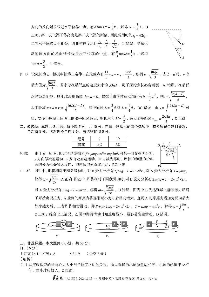 安徽省合肥市肥西县宏图中学2024—2025学年高一下学期期中物理答案第2页