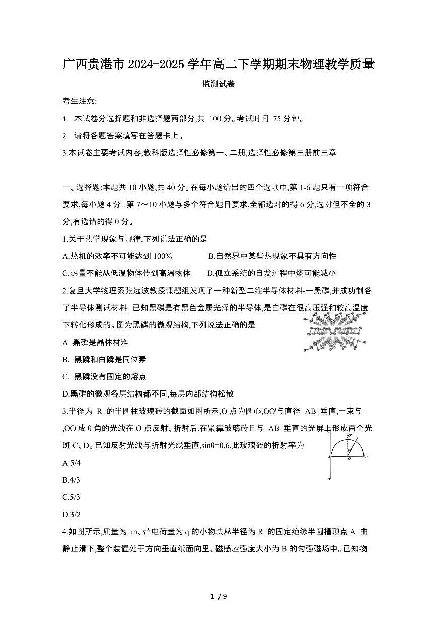 2024_2025学年广西贵港高二第二学期期末物理教学监卷[有答案]第1页