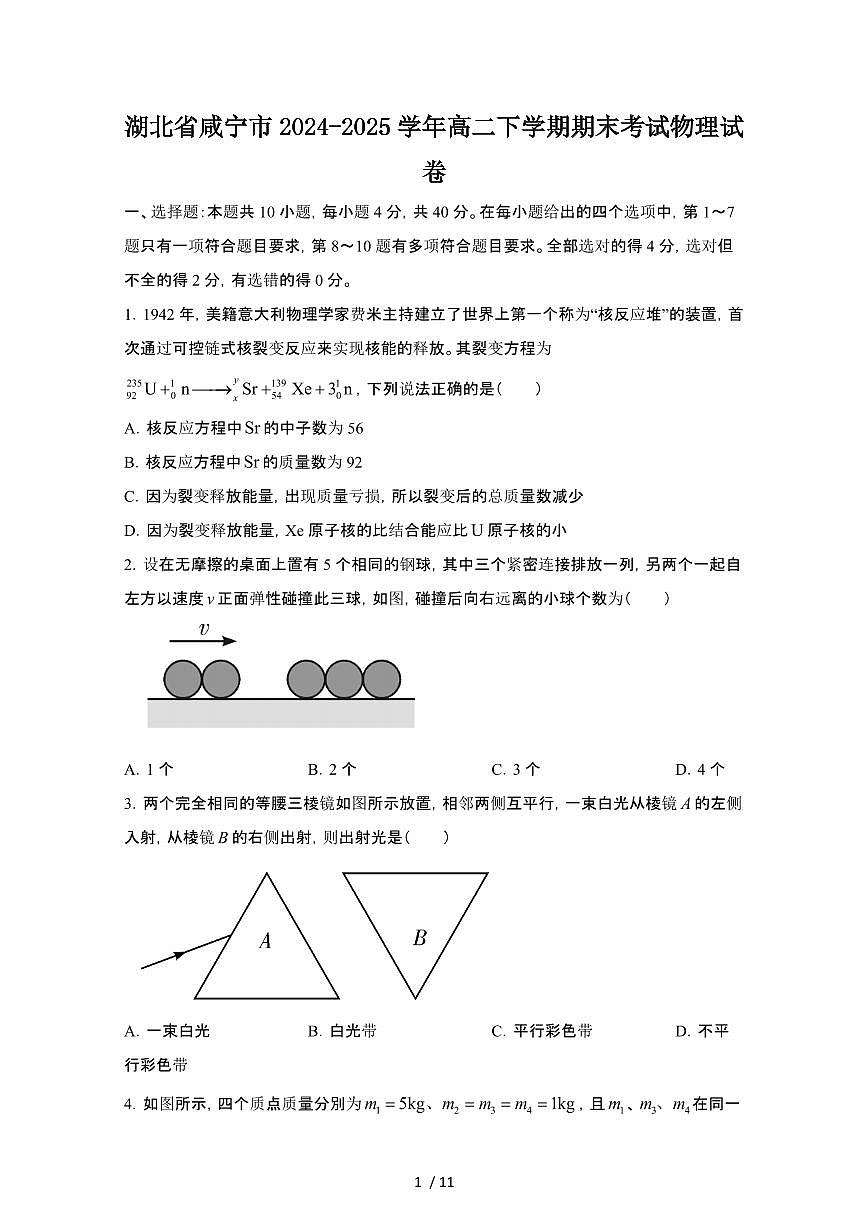 2024_2025学年湖北咸宁高二第二学期期末考试物理试卷[有答案]第1页