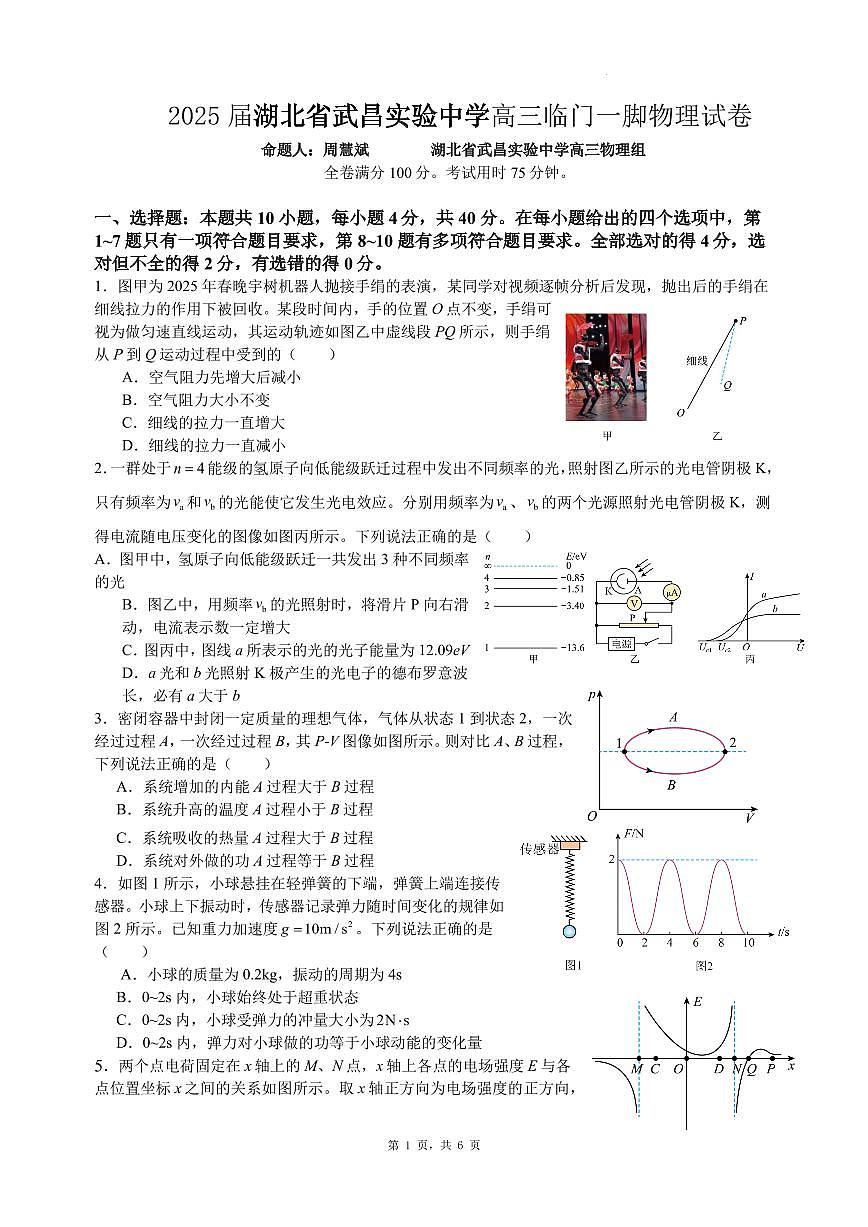 2025届湖北省武昌实验中学高三临门一脚物理试卷第1页