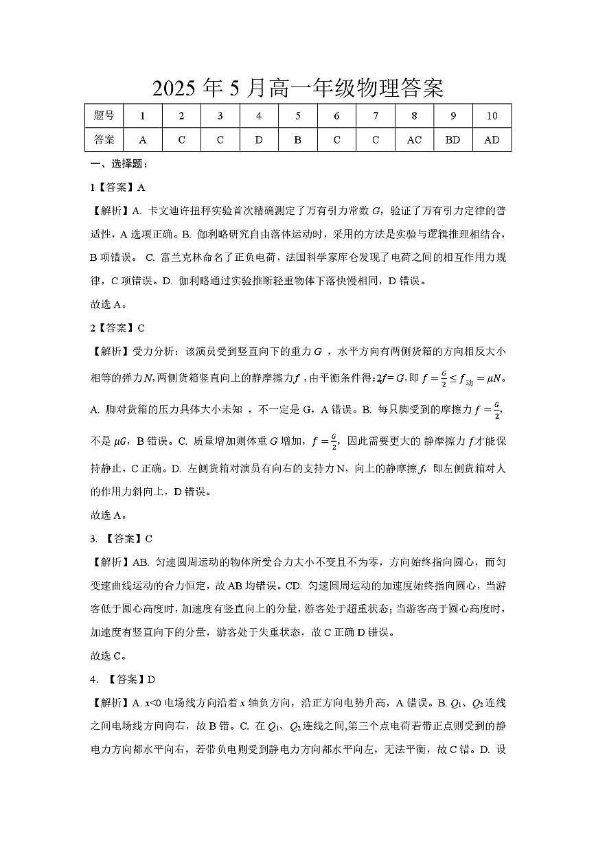 湖北云学联盟2025年高一下学期5月月考物理答案第1页