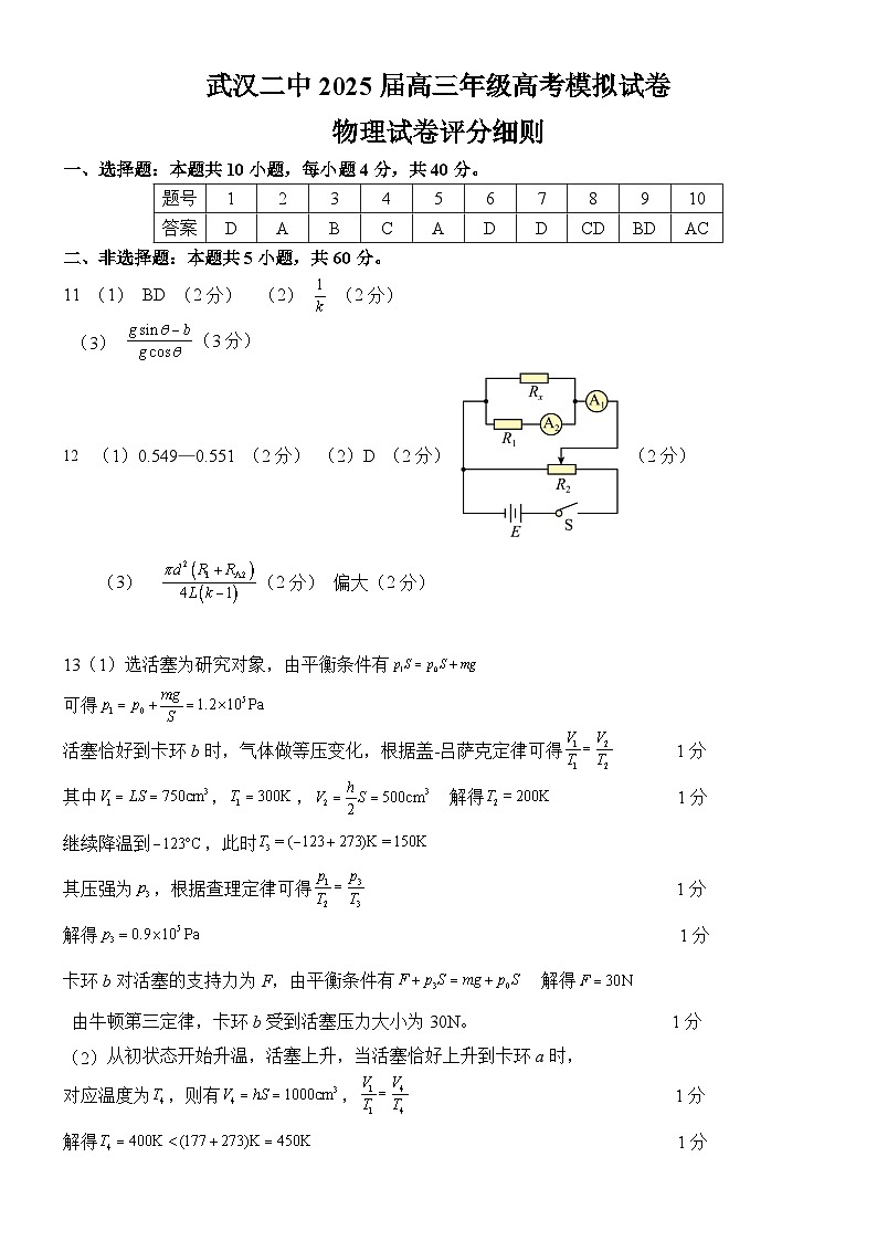 湖北省武汉二中2025届高三年级5月模拟考试物理答案第1页