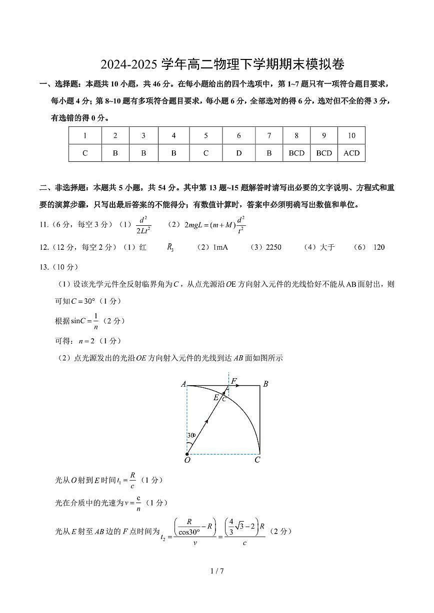 高二物理期末模拟卷（参考答案）（新八省通用）第1页